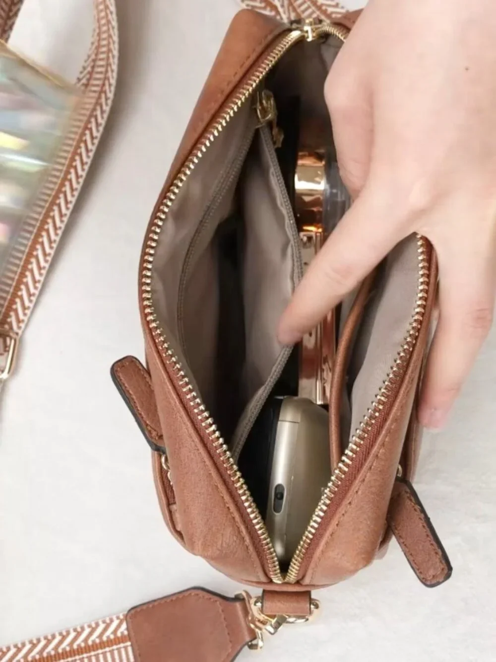 Triple Zip Vegan Leather Crossbody Purse with Guitar Strap for Women